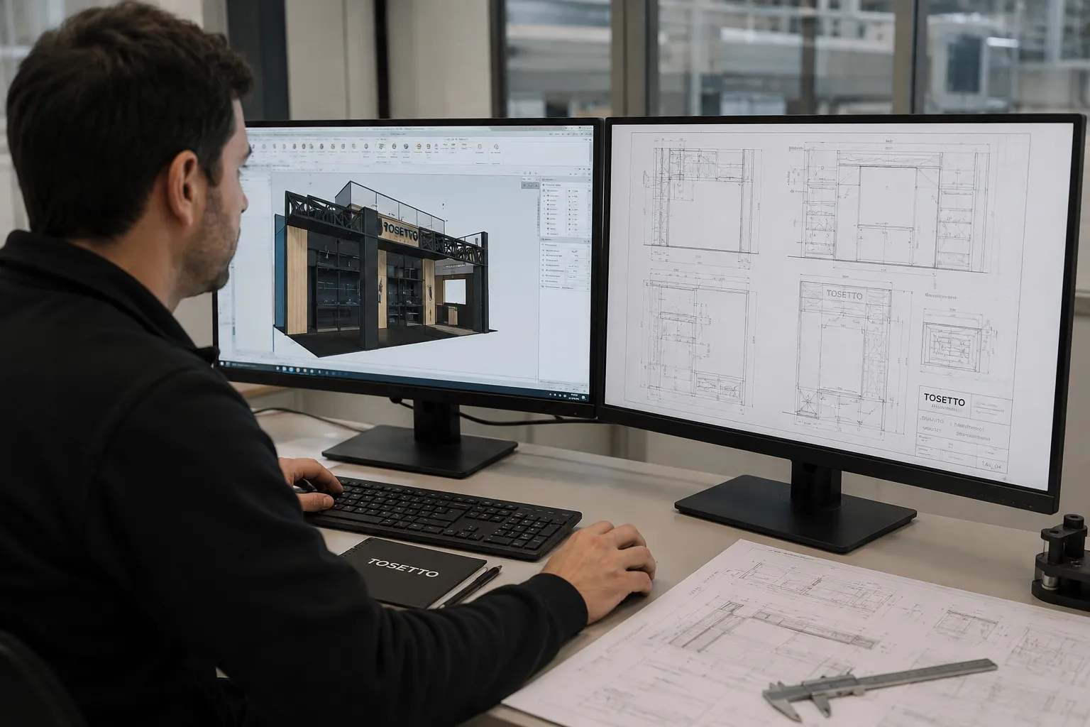 Progettista Tosetto al computer con il render 3D di uno stand e i disegni tecnici