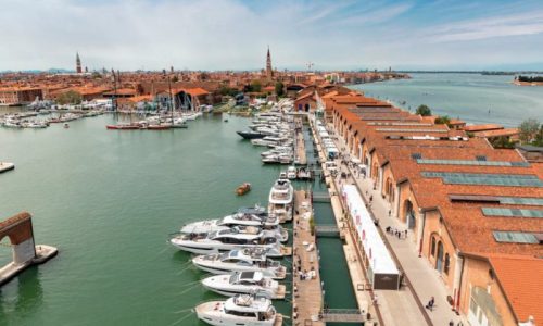 Set up of various stands at the Venice Boat Show 2023